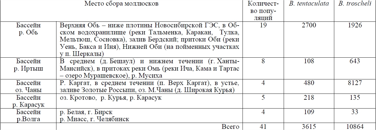 Места сбора и количество компрессорно исследованных моллюсков рода Bithynia в 1994–2010 г.г.